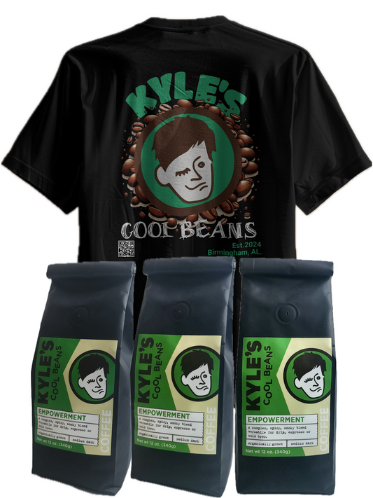 Black t-shirt with 'Kyle's Cool Beans' design and three coffee bags with the same branding on a white background.