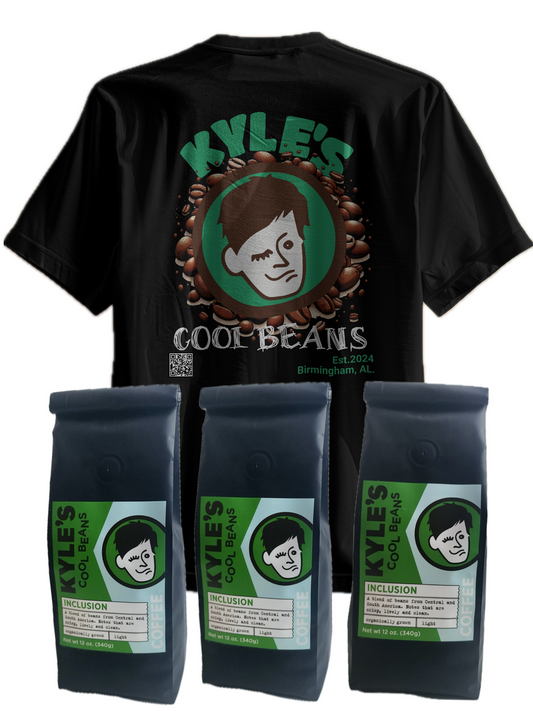 Black t-shirt with 'Kyle's Cool Beans' design and three coffee bags featuring the same branding.